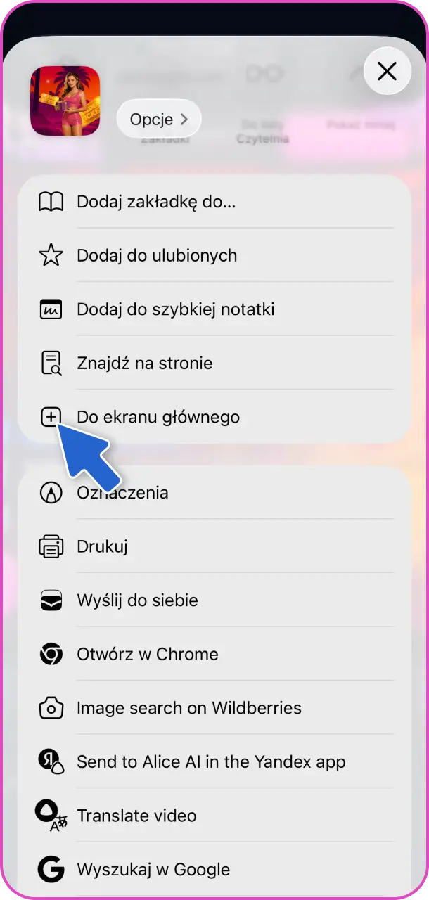 Wybierz dodanie do ekranu głównego ikony mobilnej Win2Chill Casino app.