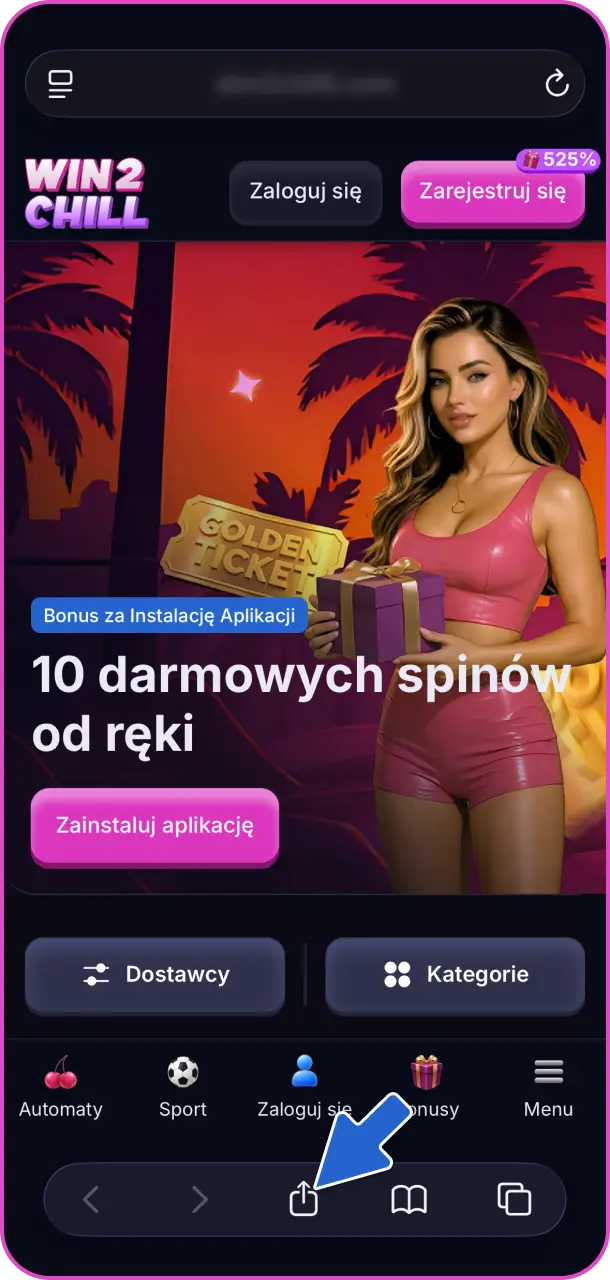 Znajdź menu udostępniania na smartfonie dla pobierania Win2Chill Casino app.
