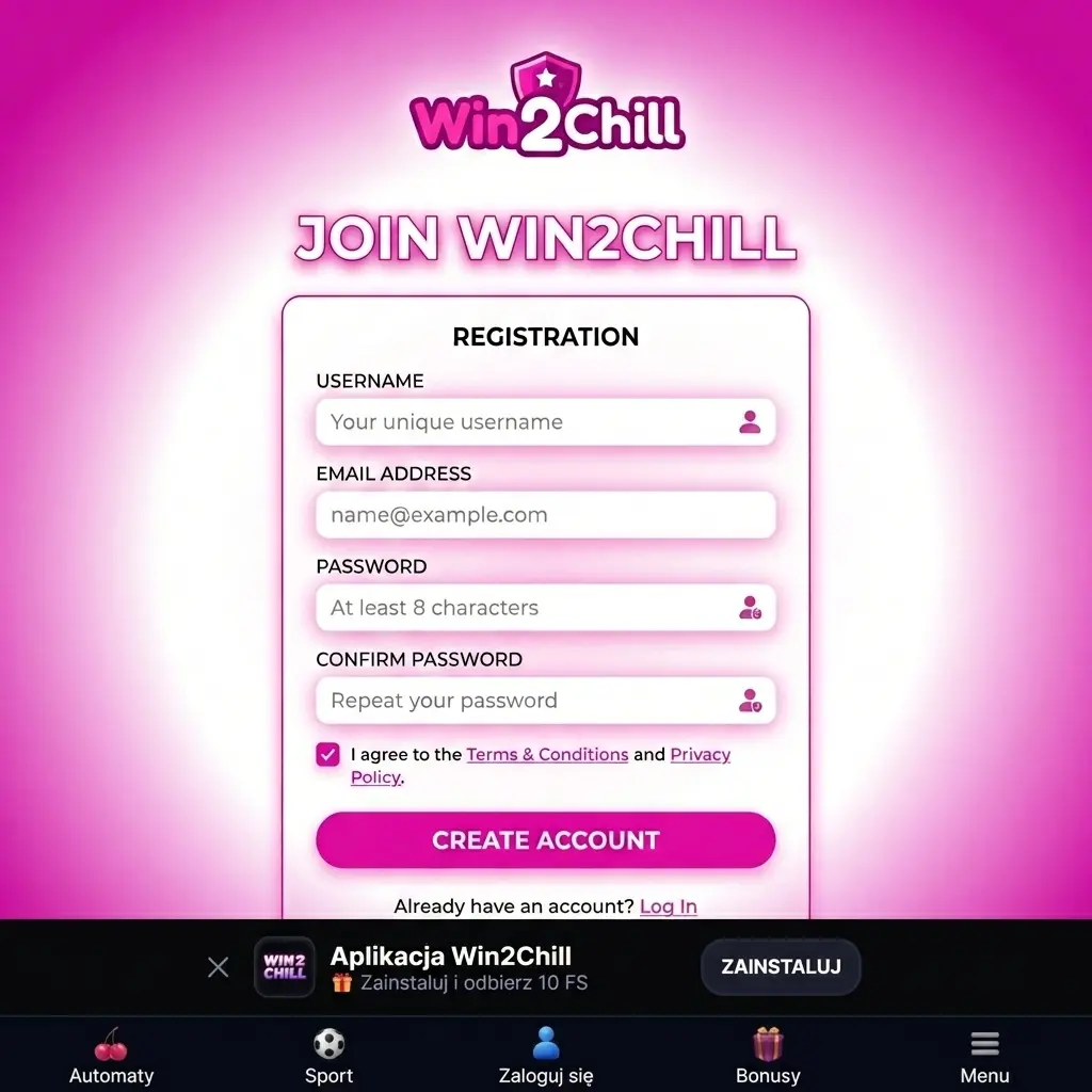 Rejestracja konta Win2Chill w Polsce – formularz rejestracyjny krok po kroku z bonusem 300%